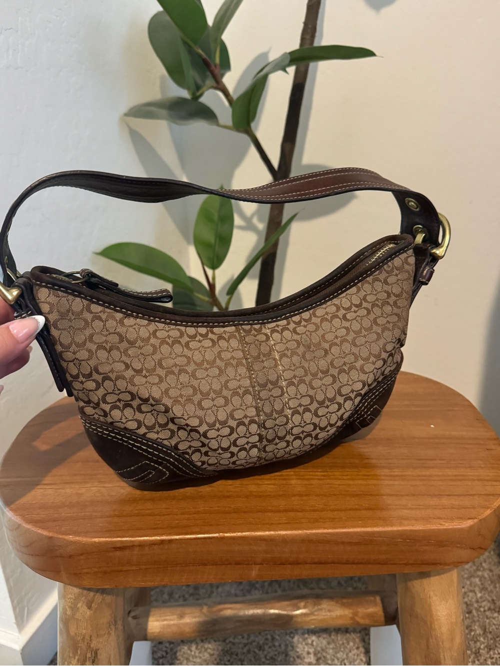 Coach Brown Signature Crescent Shoulder Bag with Dark Brown Leather Trim